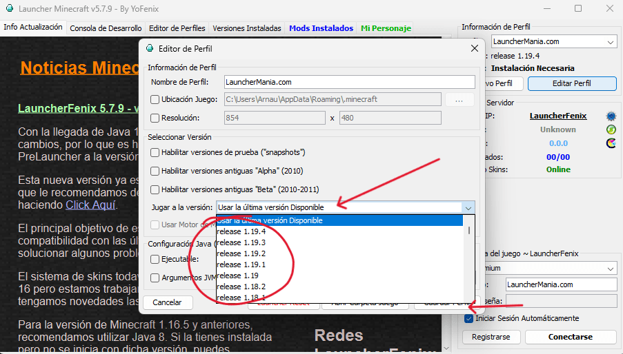 Menu do iniciador do fenix 7 para criar um novo perfil de jogo e alterar a versão