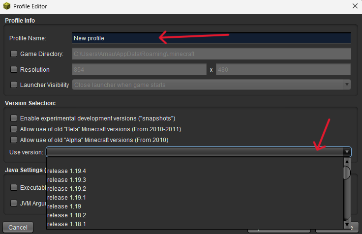 Menu de shiginima launcher para crear un nuevo perfil de juego y cambiar de versión