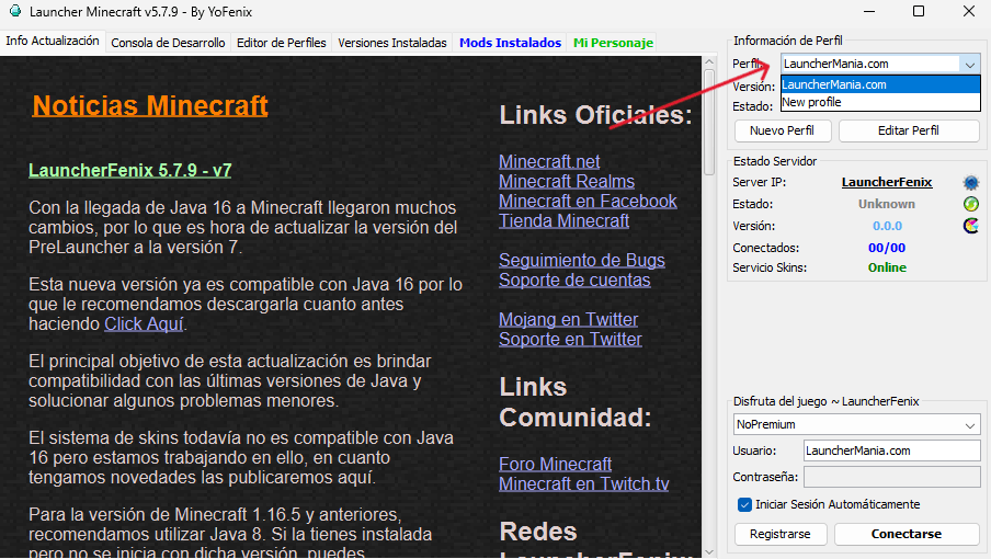 Menu do fenix launcher para selecionar o perfil da versão