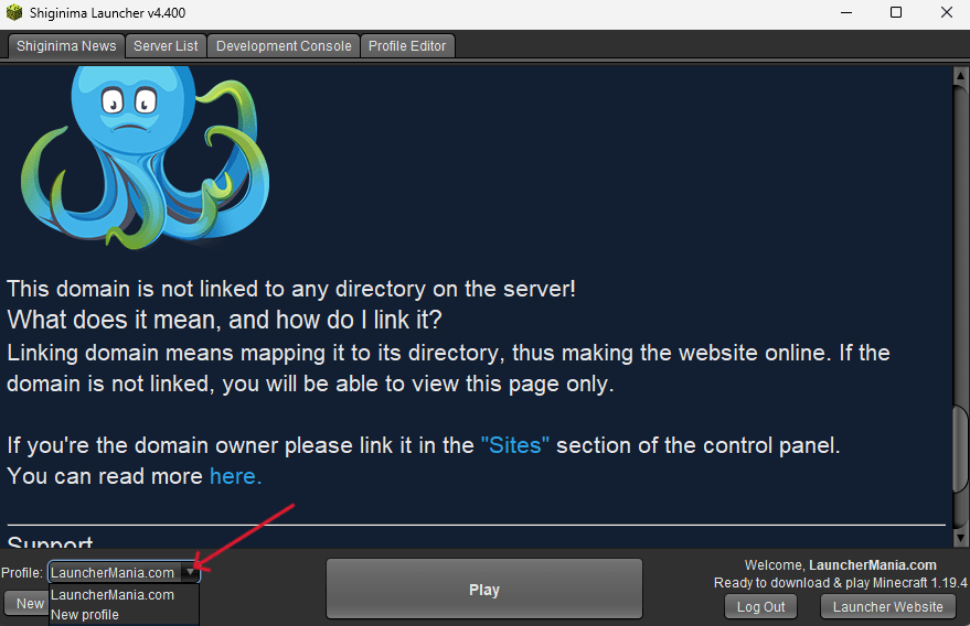 Menu de shiginima para seleccionar el perfil de versión
